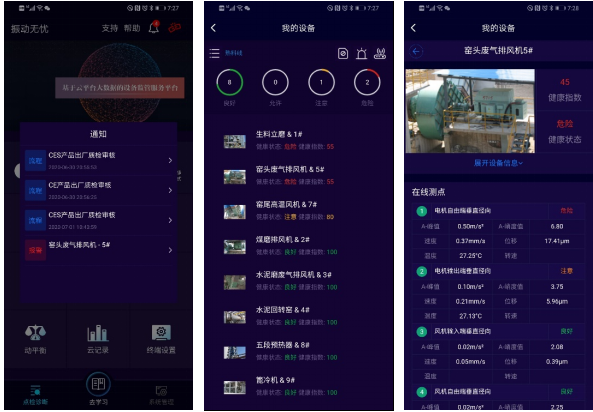 圖. 1 報警提醒（左）、設(shè)備健康總覽（中）、設(shè)備健康詳情（右）